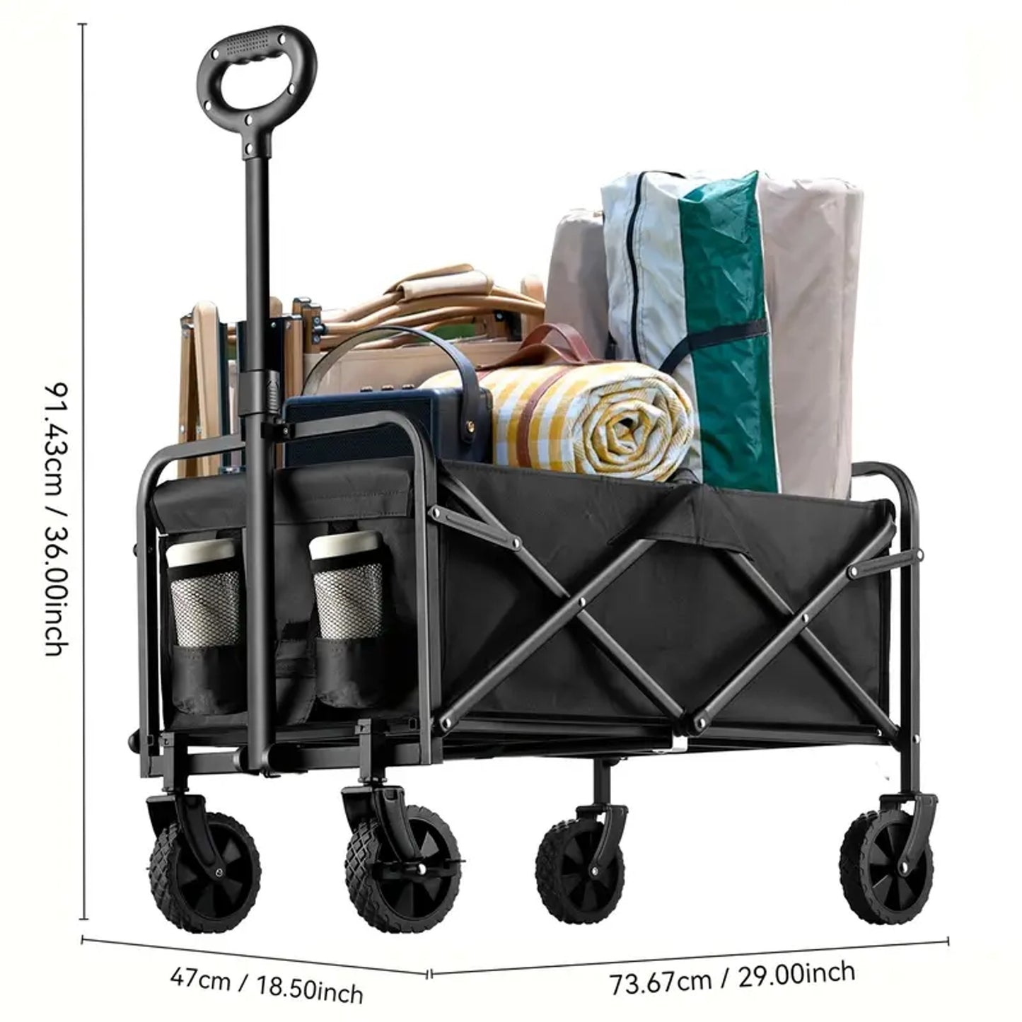 Folding Utility Wagon, Metal Frame, Adjustable Handle, Heavy Duty Collapsible