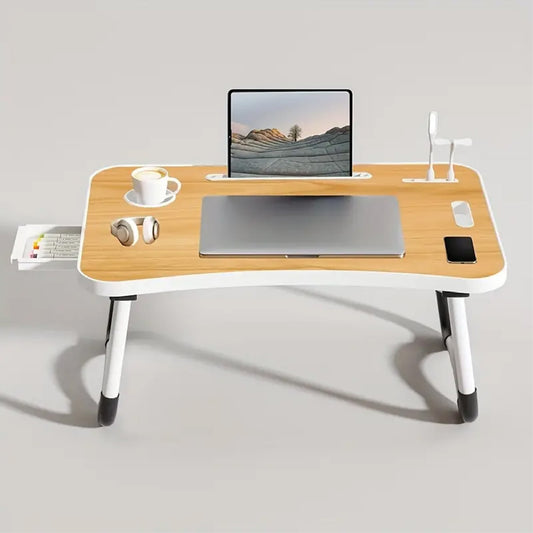 Portable wooden laptop desk with cup holder, drawers, USB port, fan and light