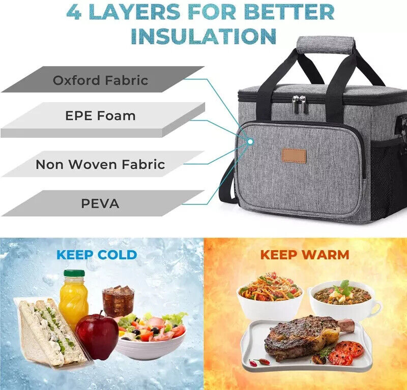 KD Insulated Lunch Bag 15L, Portable Cooler Bag/Lunch Box with Insulated Layer for Picnic, Beach, Work, and Travel, hot and Cold Storage, Leakproof
