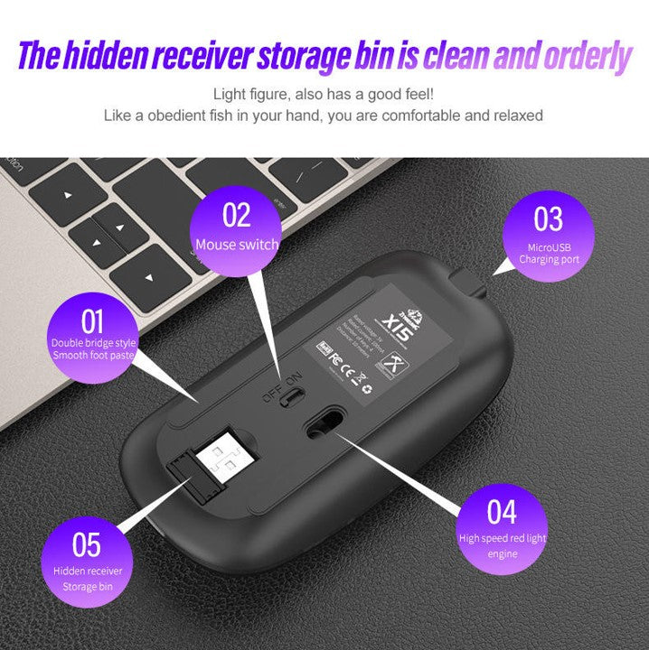 Rechargeable Wireless Mouse, LED Lights, Dual Mode 2.4GHz Bluetooth 5.0