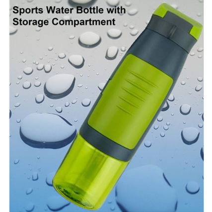 Sports Water Bottle with Storage Compartment; Wide Mouth Easy to Clean, Nylon Carry Strap, Perfect for Sports, Gym & Outdoors